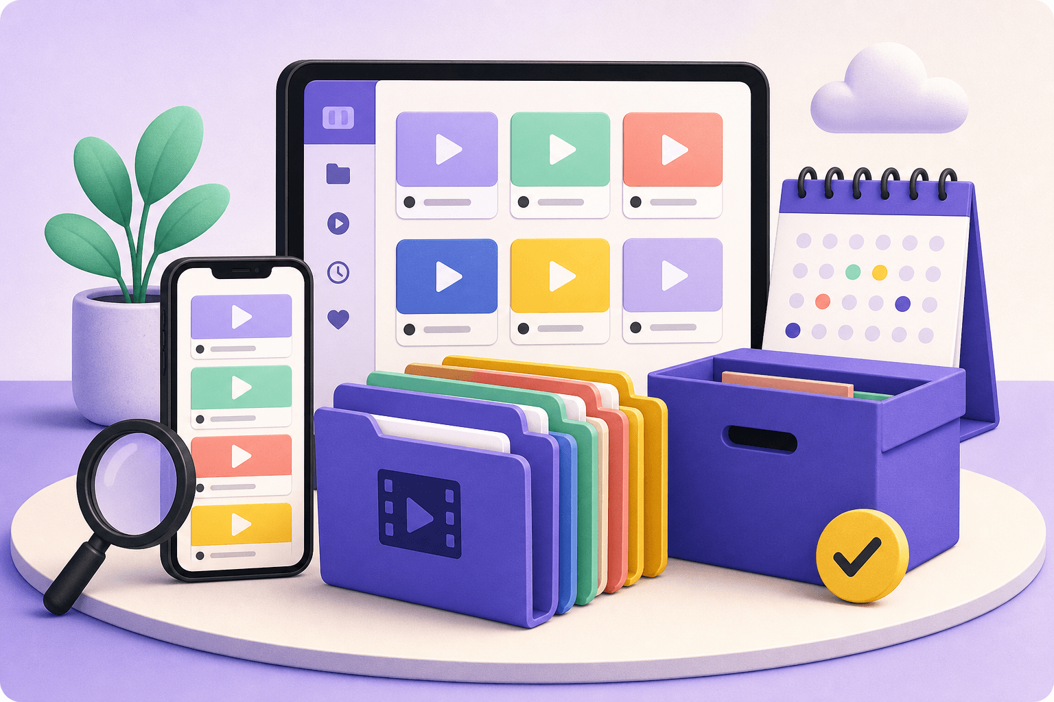 Editorial illustration of videos organized into folders and a calendar