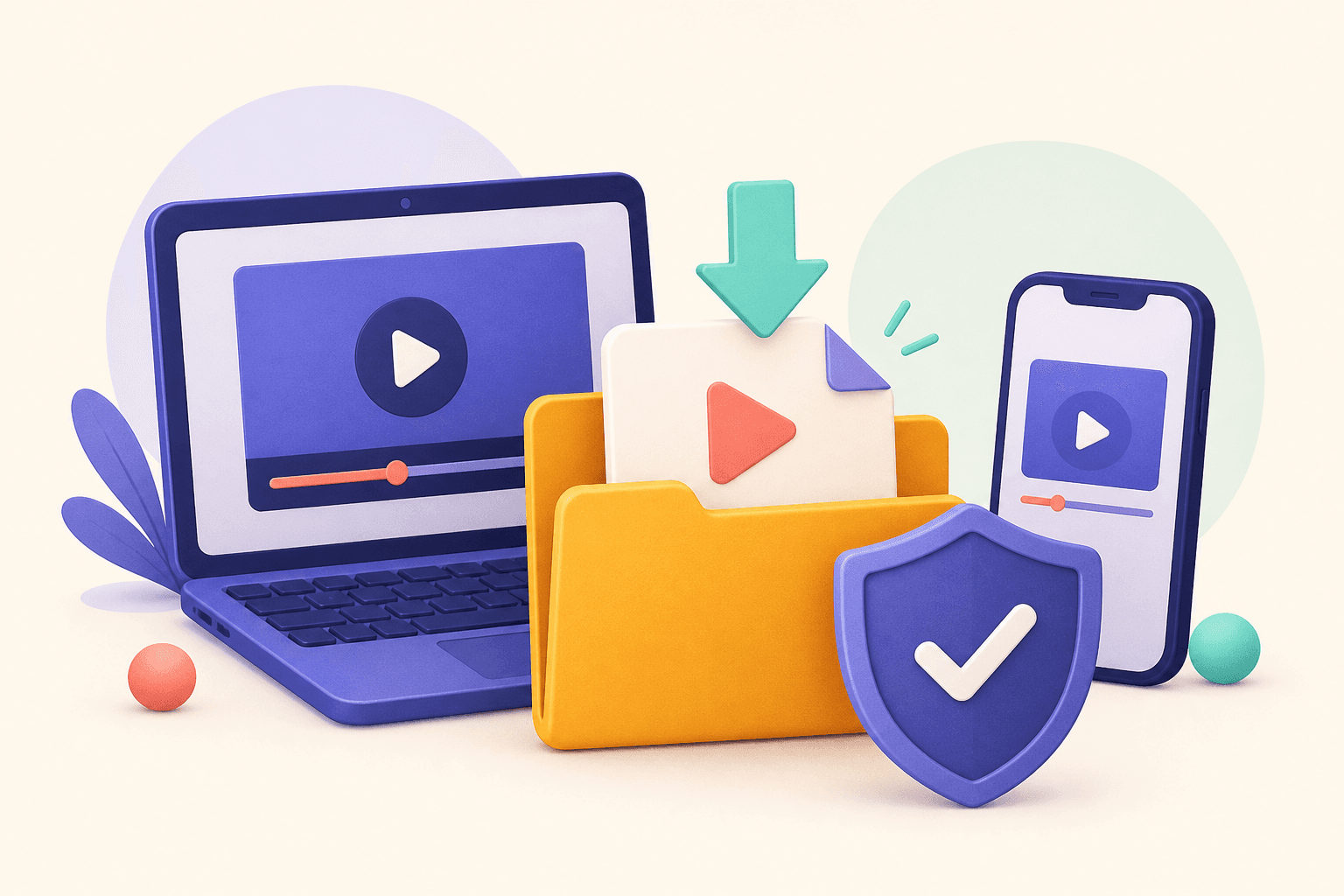 Editorial illustration of a video download protected by a shield