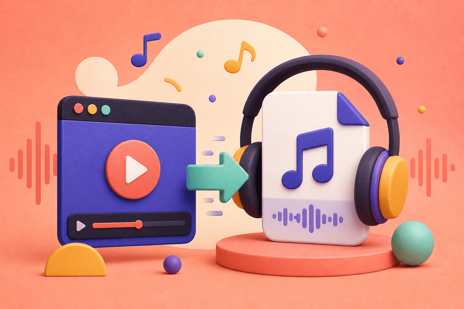 Editorial illustration of a video becoming an audio file with headphones